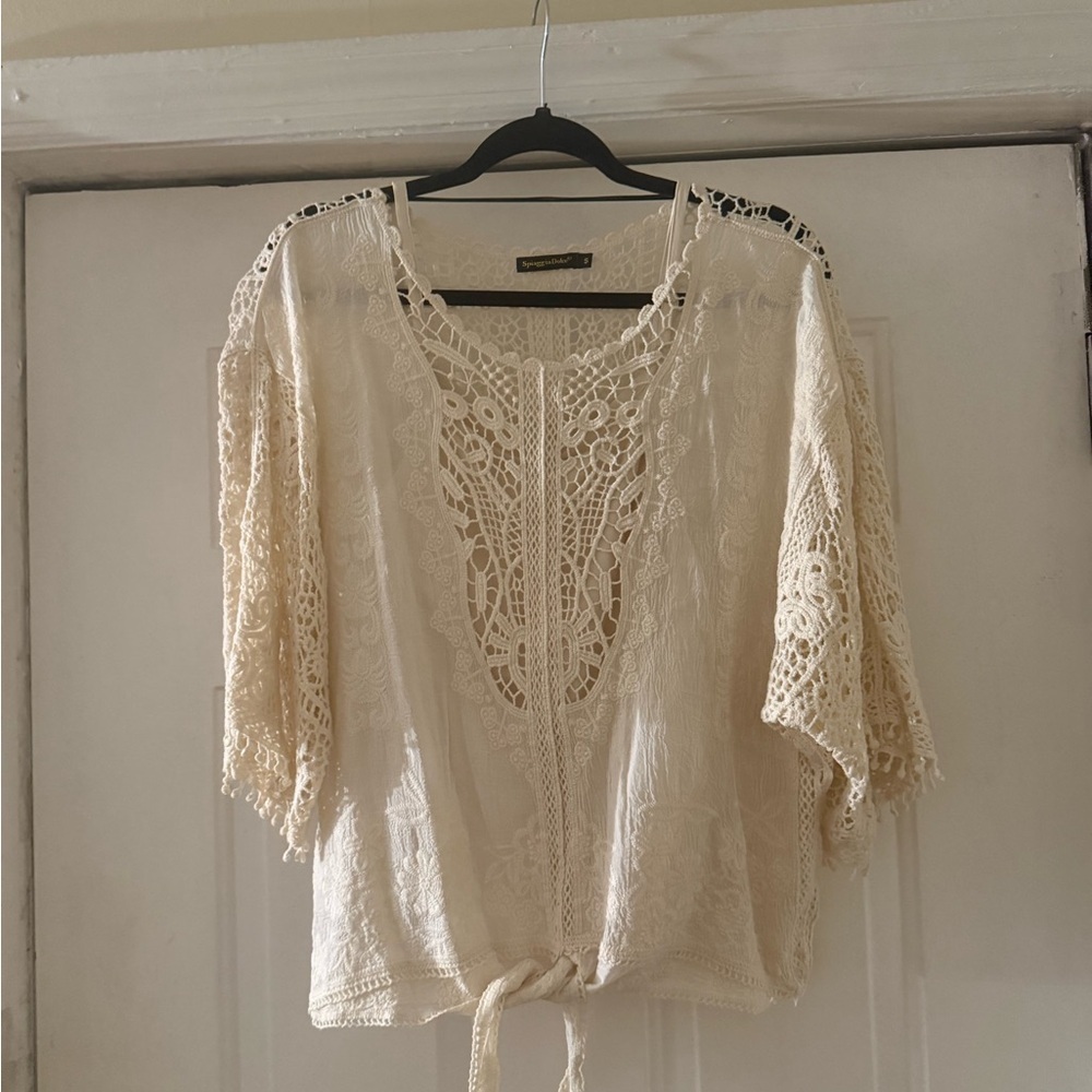 Cream Embellished Tie Front Blouse with 3/4 Sleeves - Picture 5 of 10